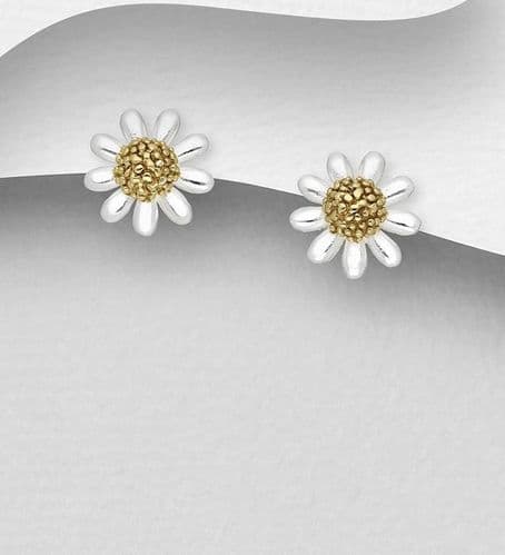 925 Sterling Silver Flower Stud Earrings, Pollen Plated with 1 Micron of18K Yellow Gold